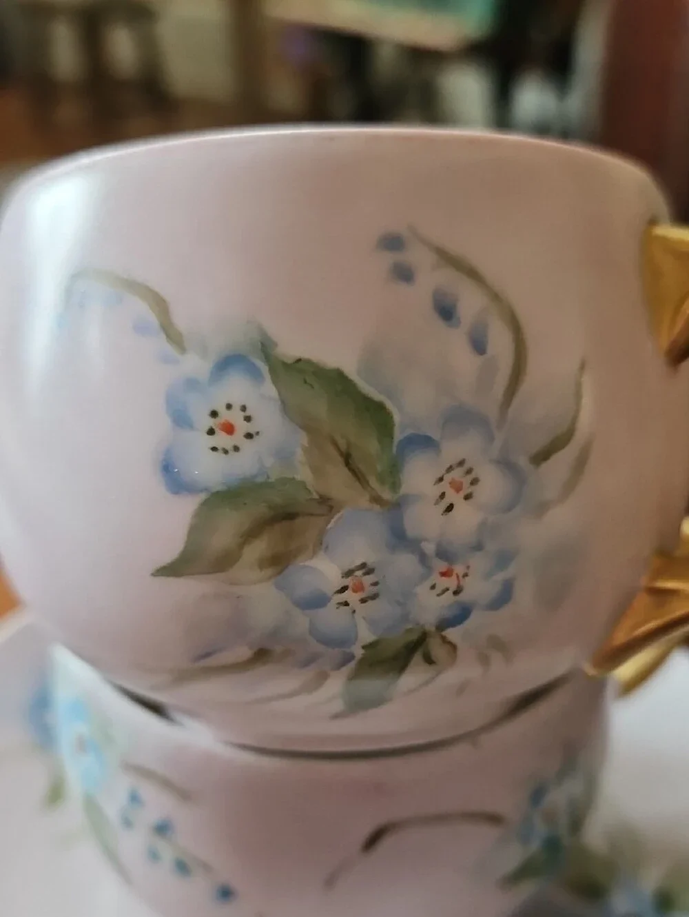 VTG Plankenhammer Floss Bavaria Blue Floral Gold Trim Tea Cups & Saucers 2 Sets